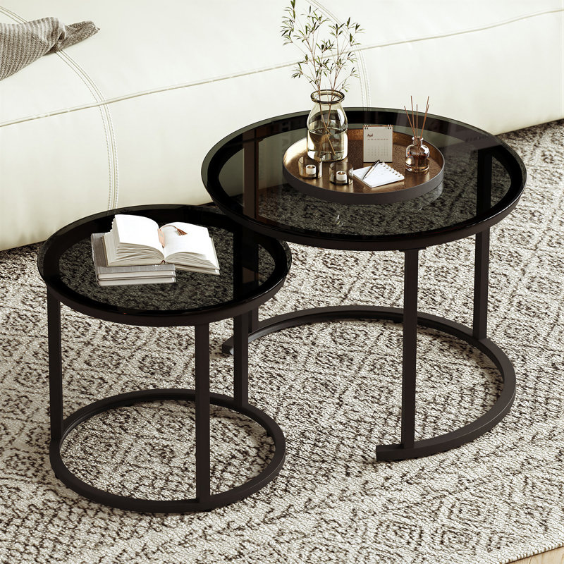 2 Piece Round Glass Nesting Coffee Table Set With Modern Metal Frame, Space Saving Design And Versatile Living Room Side Table Function