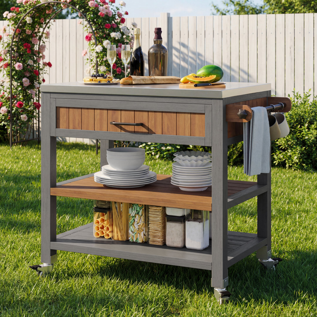Outdoor Serving Trolley With Stainless Steel Top, Fir Wood Frame & Lockable Casters