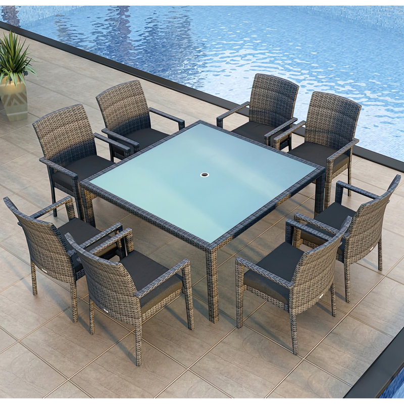 Kaneb Wicker Patio Dining Set with Square Table , Cushions Included, 4, Coffee Bean, Canvas Charcoal Sunbrella® Canvas