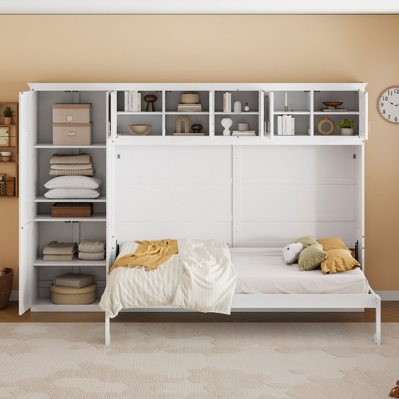 Grand lit escamotable mural avec armoires, Blanc