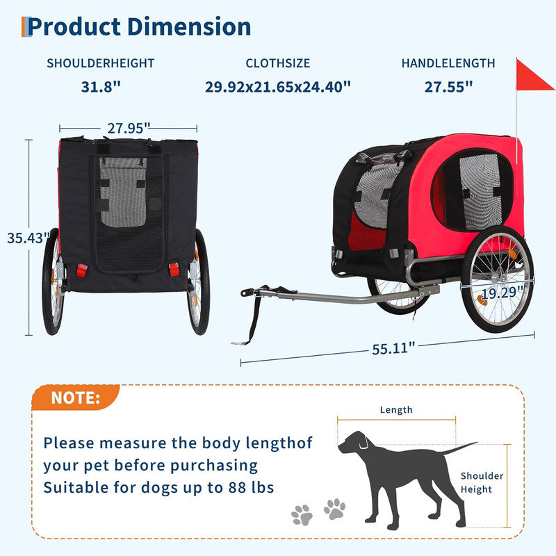 Remorque pour chien pour chiens de taille moyenne - convertible en poussette de jogging, capacité de 88 lb, conception imperméable et ventilée avec drapeau de sécurité, attelage universel pour vélos de 20 à 29 po
