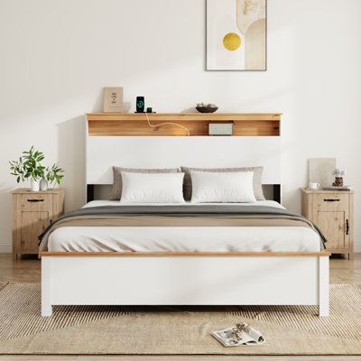 Queen Wooden Platform Bed with Storage Headboard & Built-In Charging Station, Rustic Farmhouse Style, Easy Assembly