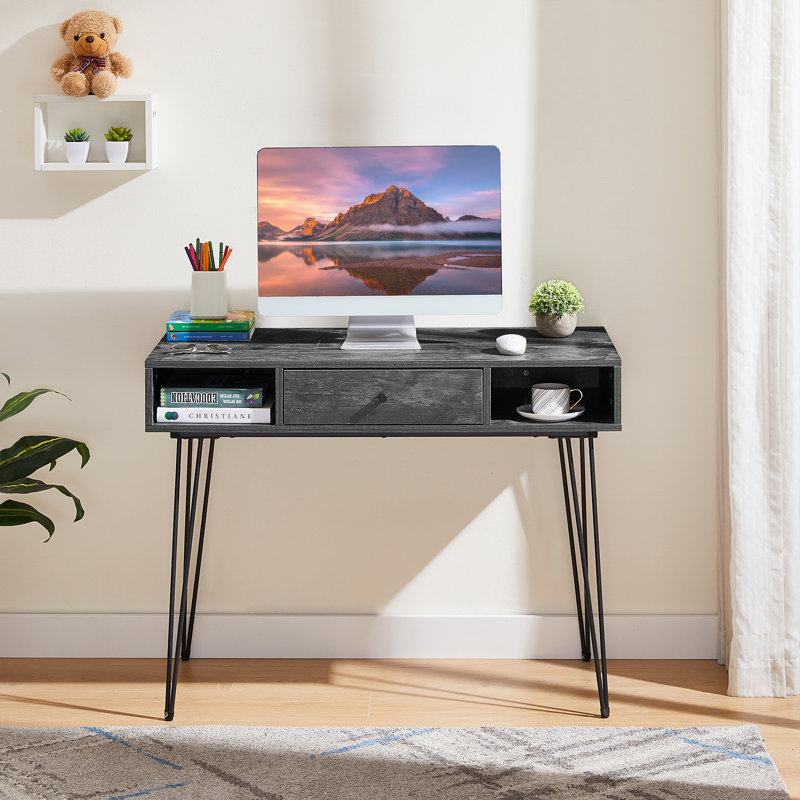 Kemah Wooden Computer Desk Rectangle Laptop Desk with Drawer and Open Shelf, Grey