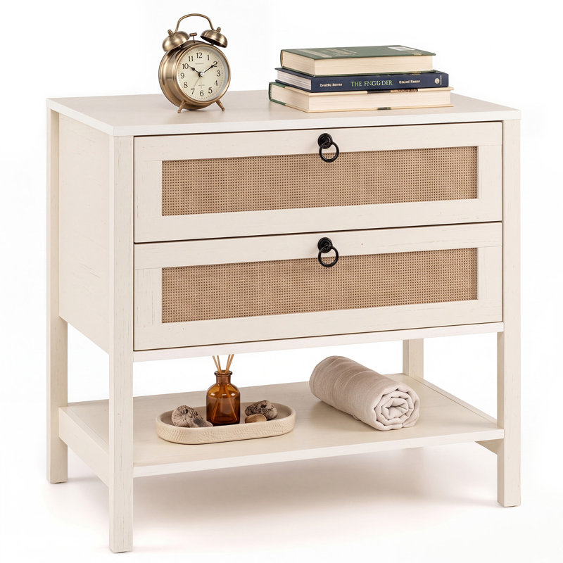 1 table de chevet en rotin 27 po avec 2 tiroirs, chêne côtier blanchi PCS, Chêne blanchi, 1