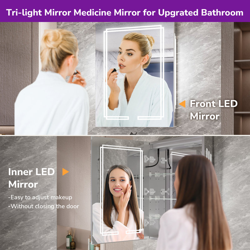 Rectangle LED Lighted Medicine Cabinet with Frontlit, Sidelit, Memory,  Fog-free Function & Tempered Glass