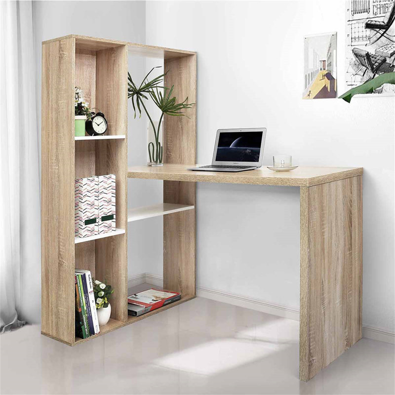 Bureau d'ordinateur 2 en 1 avec tablettes en L, Chêne
