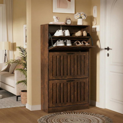 Shoe Storage Cabinet For Entryway With 3 Flip Drawers, Wooden Shoe Organizer With Adjustable Shelf, Freestanding Wood Fluted Panel Shoes Cabinet Closed Shoe Rack For Hallway, Foyer, Walnut