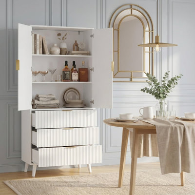 Grande armoire de rangement avec tiroirs et tablettes réglables, armoire d'appoint à panneau cannelé avec poignées dorées pour le salon, la cuisine ou le vestibule