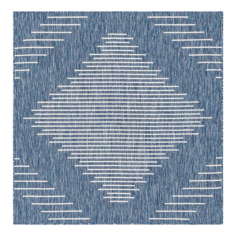 Tapis intérieur / extérieur en polypropylène géométrique tissé à la machine en gris / bleu, Carré 5 pi 3 po