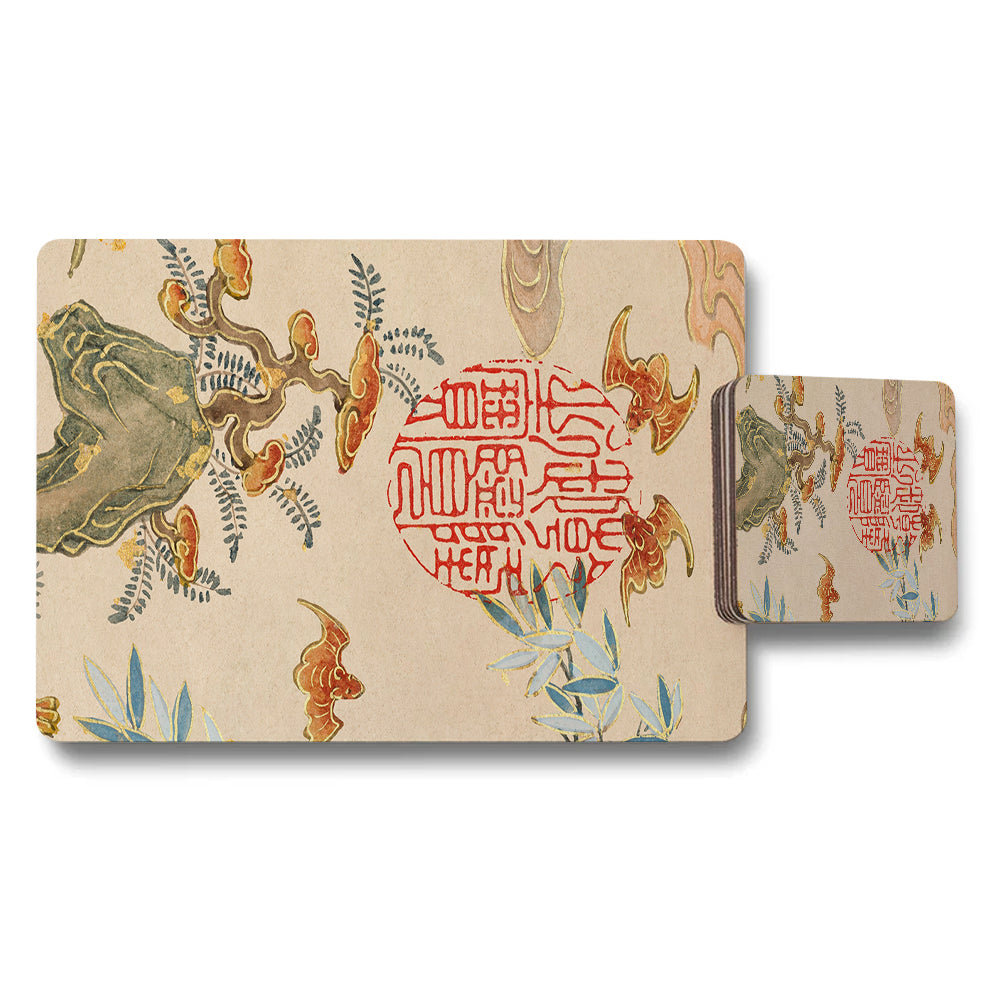 Placemat And Coaster Set With Red Seal Motif Asian Artwork