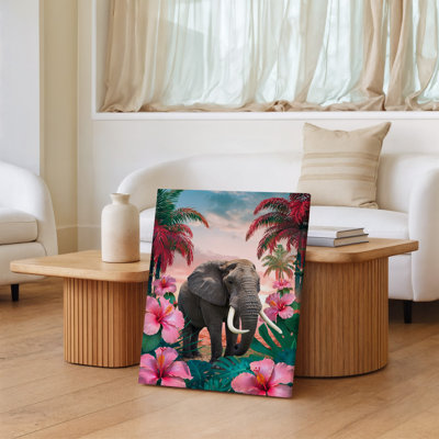 Toile, "Un majestueux éléphant marche gracieusement à travers un paysage tropical vibrant"