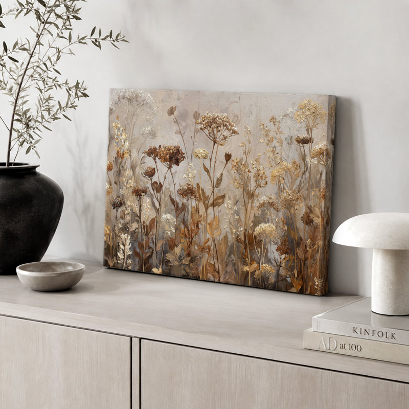 «Neutral Toned Dried Wildflowers Field», reproduction d'art sur toile encadrée, H 32 po x l 48 po x P 1,5 po, Toile tendue