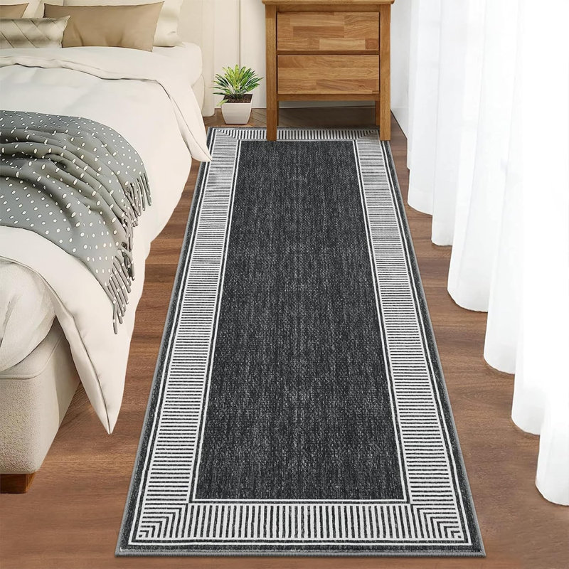 Striped Machine Printed Area Rug, Black, Runner 60 x 230 cm