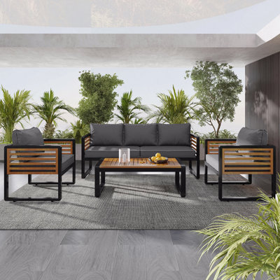 Large Size 4-Pieces Outdoor Furniture Sofa For 5 Person Conversation Set, Garden Sofa Set With Removable Cushion, Metal And Wood Frame Sofa Set, Acacia Wood Tabletop, Beige