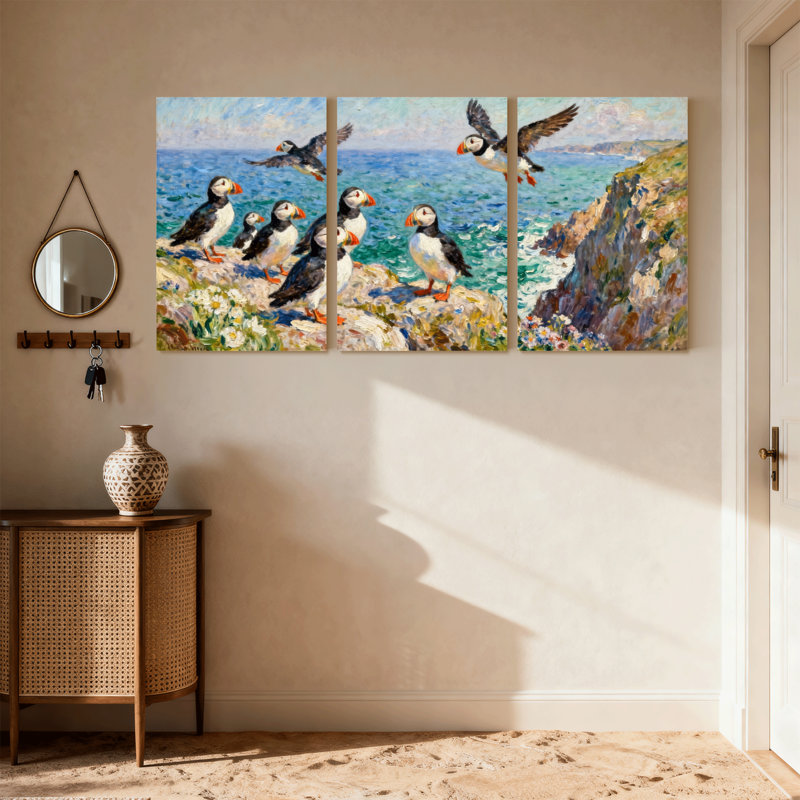 Oiseaux macareux sur une côte rocheuse avec vue sur l'océan, ensemble de 3 impressions sur toile, H 30 po x l 60 po