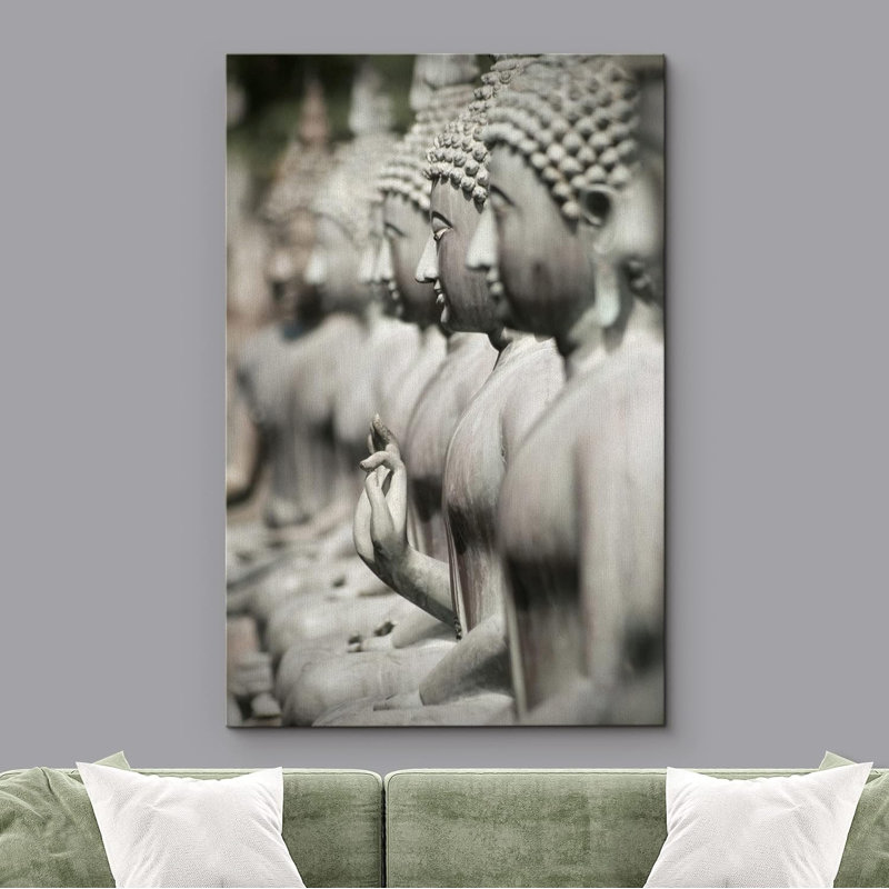 Rangée de statues de temple de Bouddha en pierre sur toile, H 24 po x l 16 po x P 1,5 po