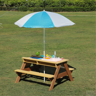 Wooden Kids Picnic Table, Sand And Water Table With Umbrella, Activity Table For Outdoor Backyard Patio Play