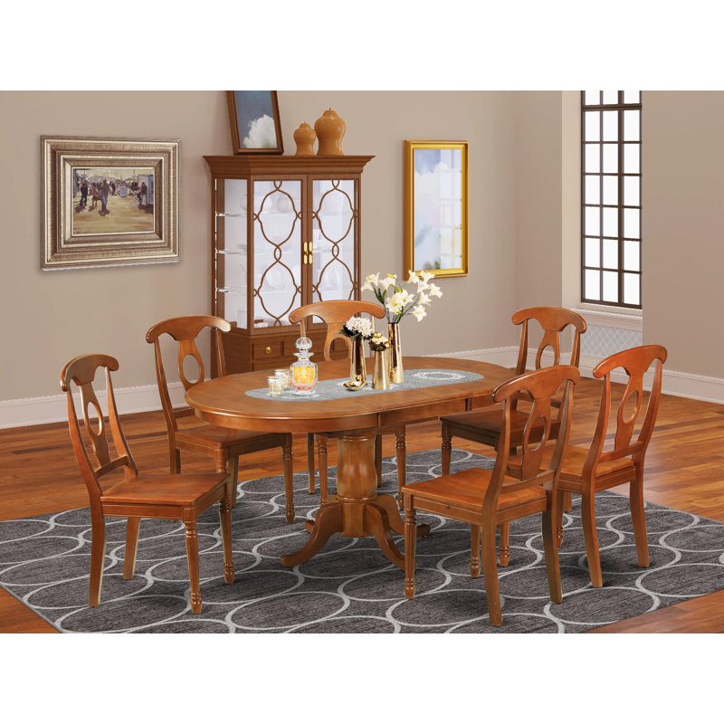 7 Piece Kitchen Table Set Consist of an Oval Dining Table with Butterfly Leaf and 6 Dining Chairs, Saddle Brown