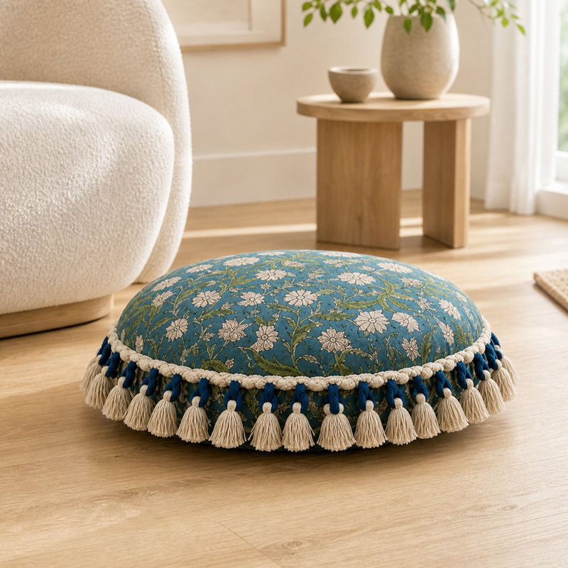 Coussin de sol imprimé rond 20 po avec bordure à pampilles, Bleu