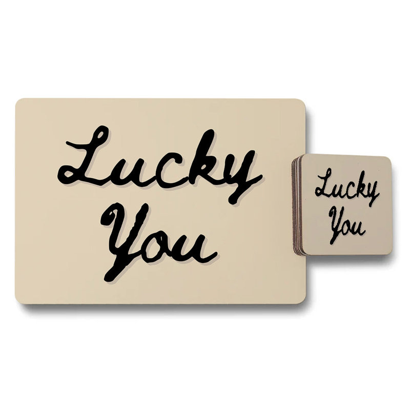 Lucky You Placemats And Coasters Set Rustic Beige Script Design