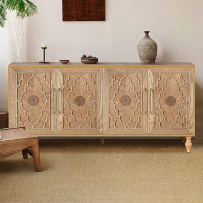 Wood Storage Cabinet with Carved Door and Metal Handle, Versatile and Stylish for Home Decor