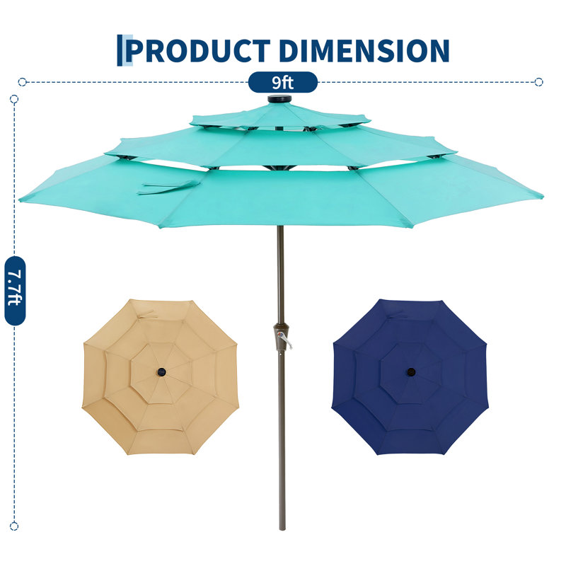 9ft 3-Tier Solar Patio Umbrella, 24 LED Lights, Crank & Tilt, 8-Rib Vent for Deck, Pool, Garden, Teal