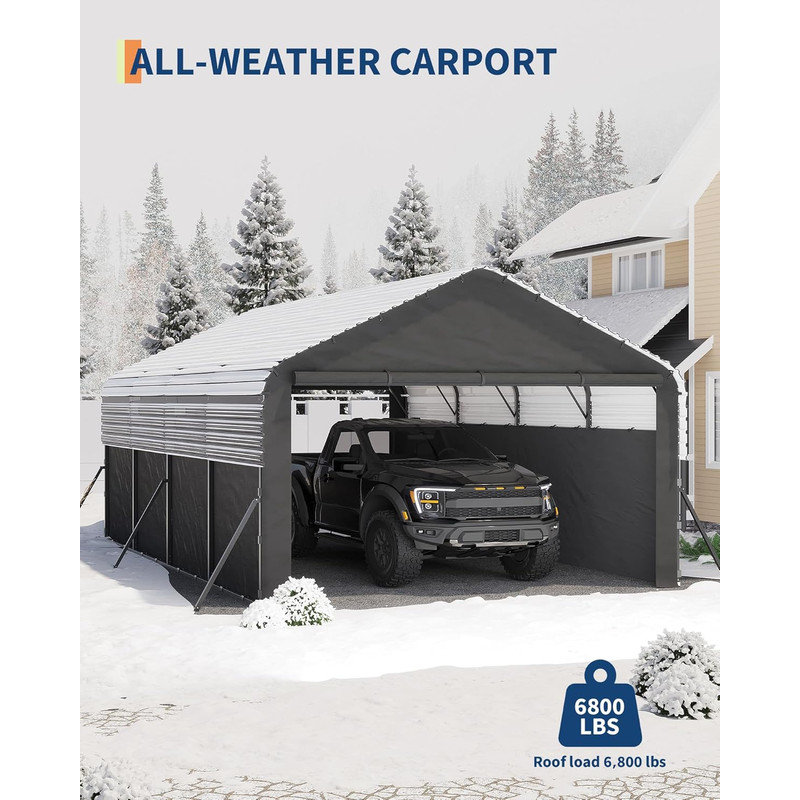 12x20 FT Metal Carport, Enclosed Shelter with Steel Frame & 220g Tarp for Trucks, 8.56' H x 15.19' W x 19.17' D