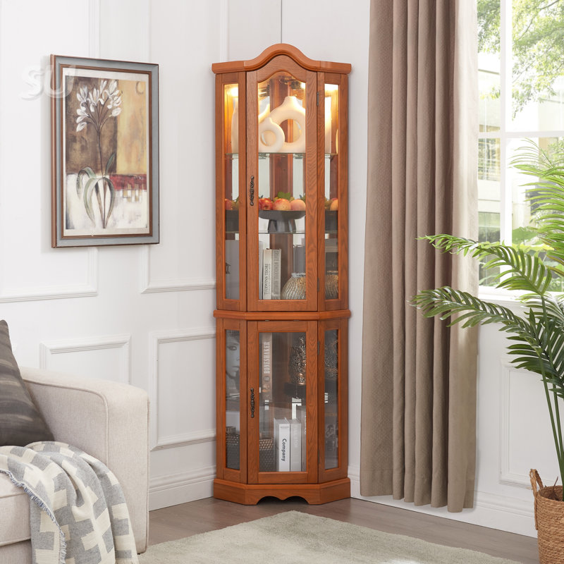 Corner Lighted Cabinet with Glass Doors and 3 Shelves, Oak