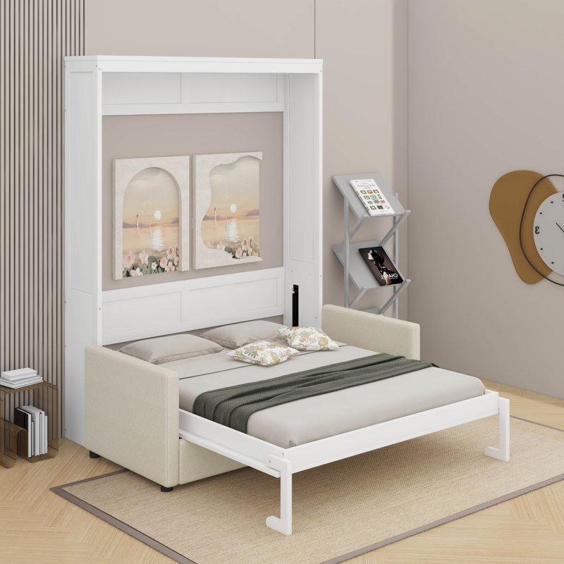 Lit escamotable double avec coussin, Blanc