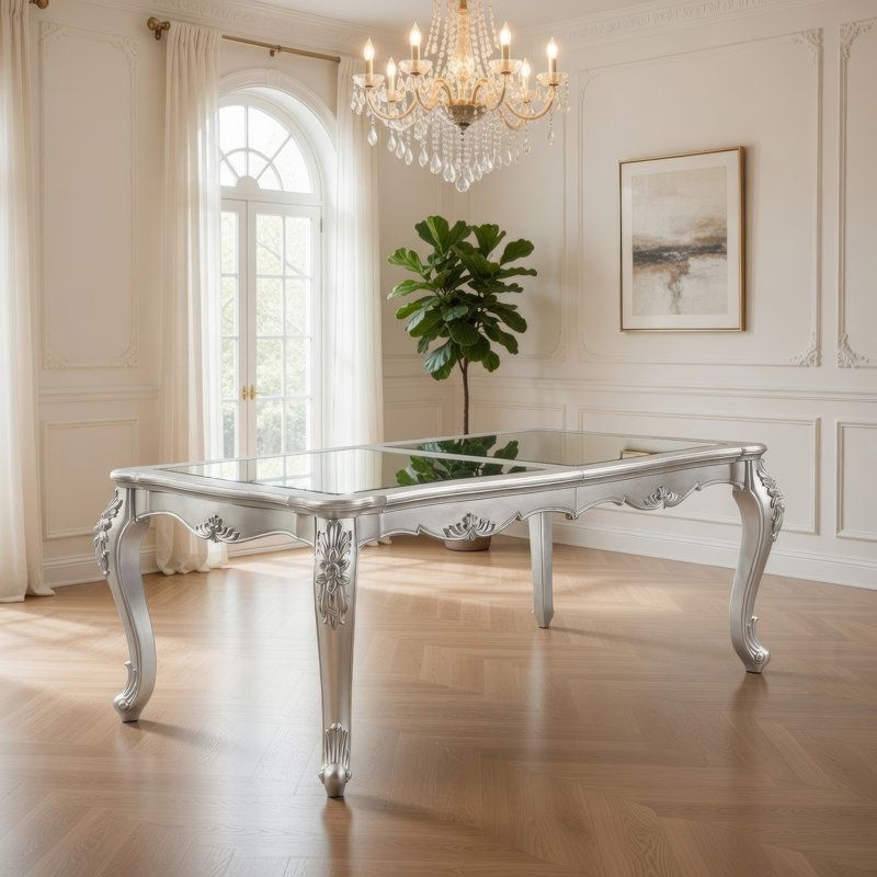 Table de salle à manger Bowe, 80 à 96 pouces, miroir, bois champagne classique argenté