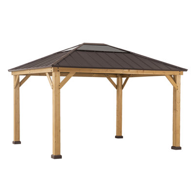 Sunjoy 3.9m x 3.3m Outdoor Aldene Solid Cedar Wooden Gazebo, Anthracite Steel Frame, Powder-Coated