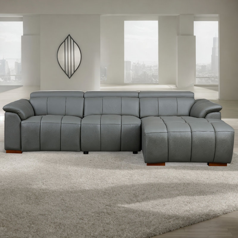 Canapé modulaire inclinable électrique en cuir véritable avec port USB, Accoudoir à droite (vu de face), Cuir véritable gris