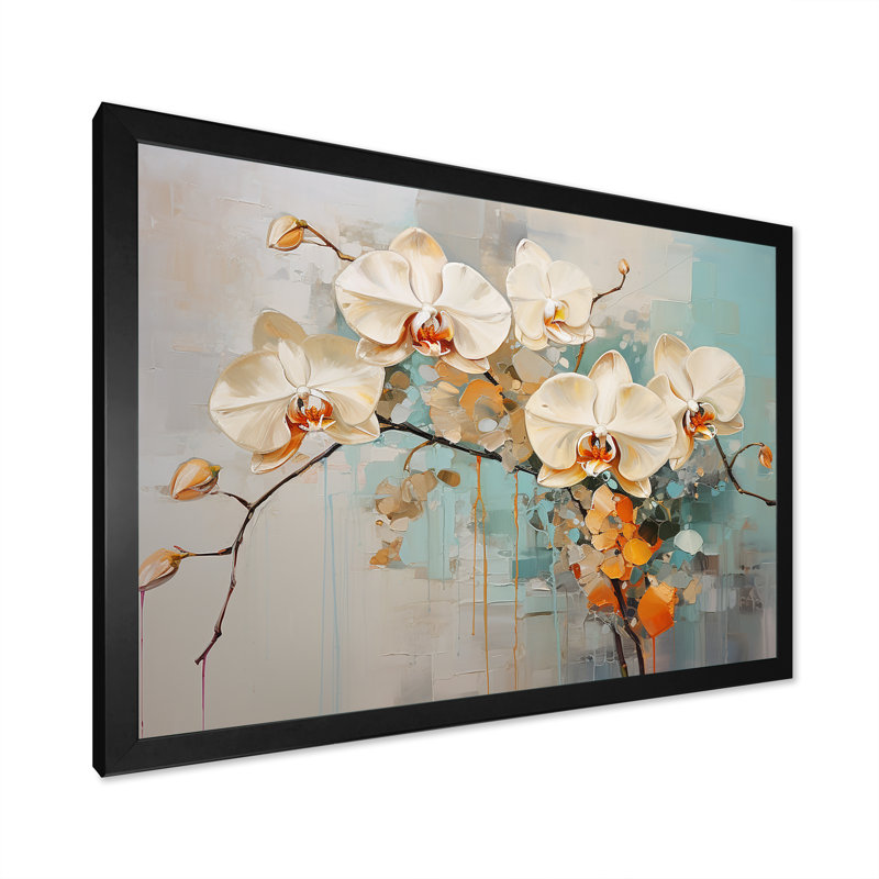 Orchidées beiges tranquillité sur toile, Cadre simple noir, H 30 po x l 40 po x P 1,5 po