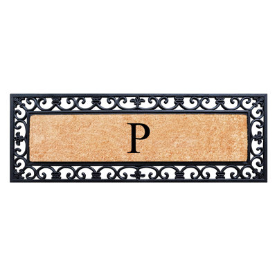 Albertina Natural Coir & Rubber Myla Paisley Monogram Door Mat, 18"x48", Black, Heavy-Duty Outdoor Front Porch Entrance Doormat