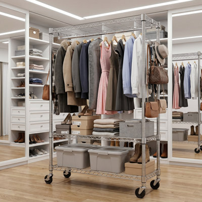 Heavy Duty Garment Rack on Wheels, Rolling Freestanding Closet Organizer and Clothes Rack for Hanging Clothes with 1 Hang Rod, Adjustable Metal Wardrobe, 15.7" D x 45.3" W x 75.6" H, Chrome
