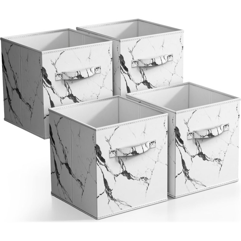 Sorbus 4 Pack 11" Foldable Fabric Storage Cube Bins with Handles in Marble Print, White