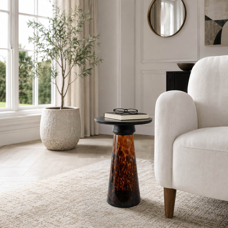 Glass & Marble Accent Table with Tapered Base Modern Side Table for Living Room, Bedroom, Office & Home Decor 20" Brown.