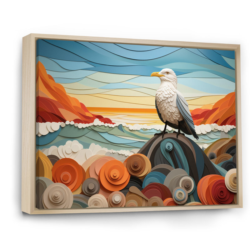 «Seagull Coastal Guardian Geometric I», reproduction d'art sur toile, 16" H x 32" W, Cadre naturel flottant