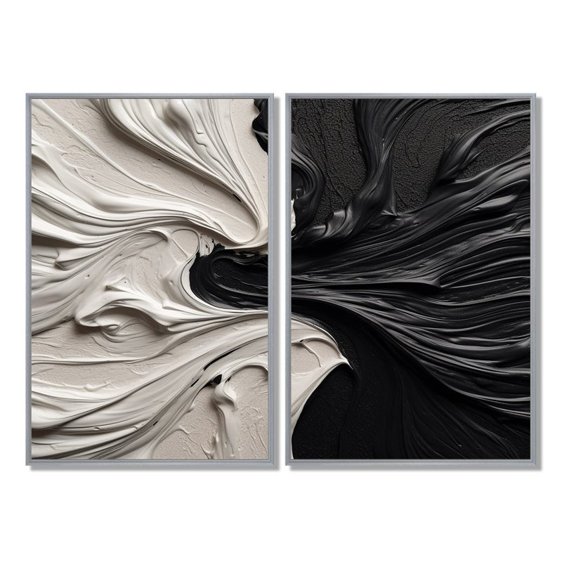Grand décor mural géométrique abstrait noir et blanc marbré Dreamscape III, 36" H x 48" W, Impression encadrée flottante