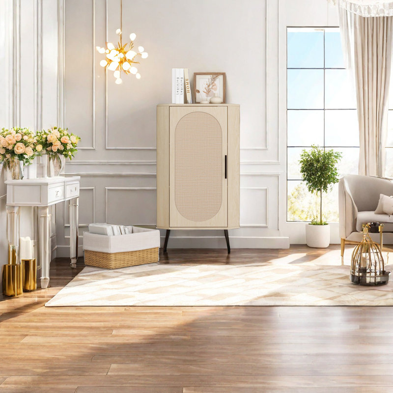 Corner Cabinet With Rattan Door, Freestanding Corner Tables For Small Spaces, Corner Display Cabinet