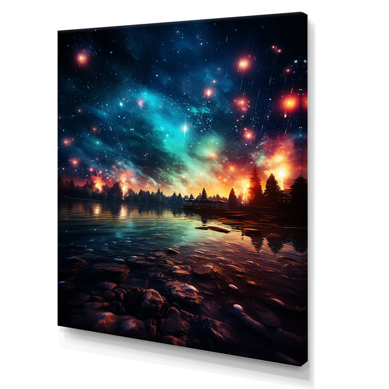 Feux d'artifice vert et rouge au bord du lac I - Art mural, Toile tendue, H 40 po x l 30 po x P 1,5 po