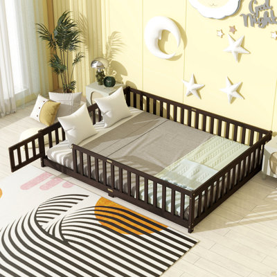 Lit grand format avec clôture, porte et lit en bois d'hévéa