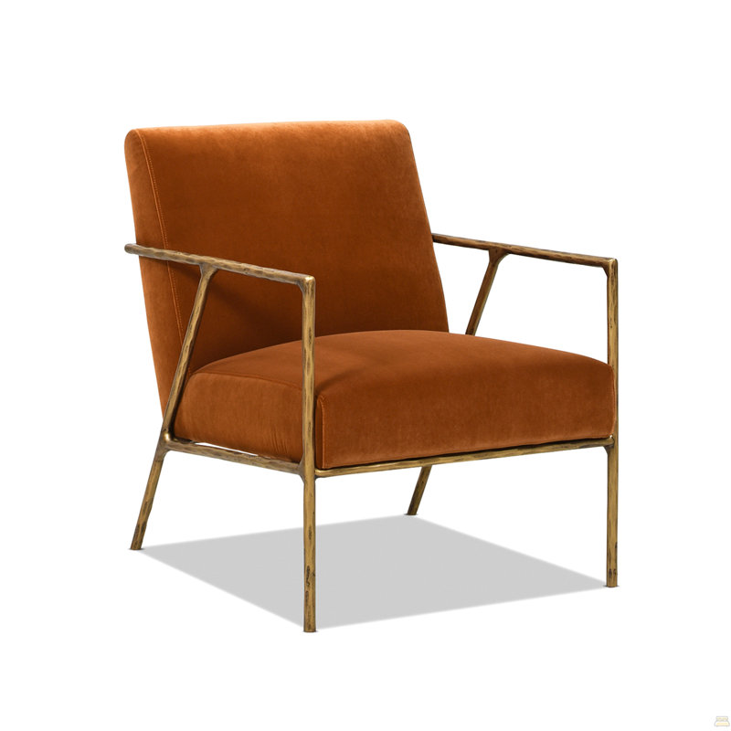 Fauteuil d'appoint rembourré en laiton martelé 24,5 po, velours performance orange brûlé, Orange