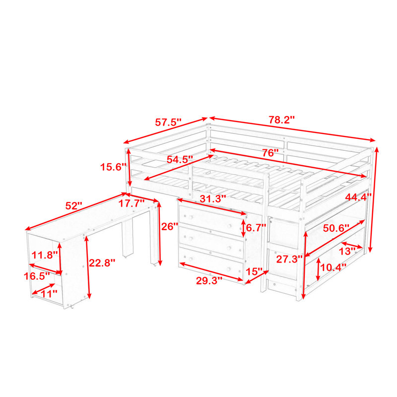Esperio Kids Full Loft Bed with Drawers, Gray