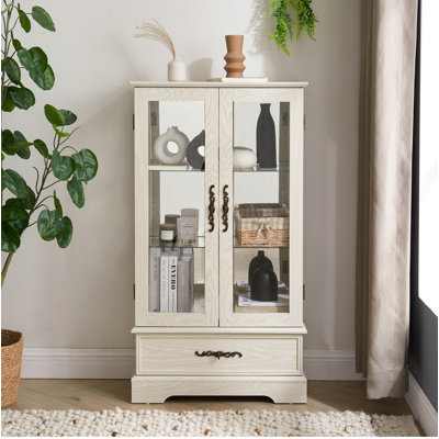 Armoire vitrée avec vitrine éclairée avec tablettes réglables en verre 2 portes et 1 tiroir avec ampoule incluse