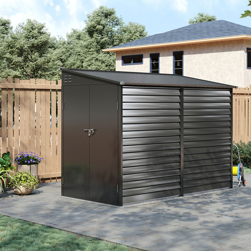 Charcoal Black Wall-Leaning Half-Slope Metal Tool Shed