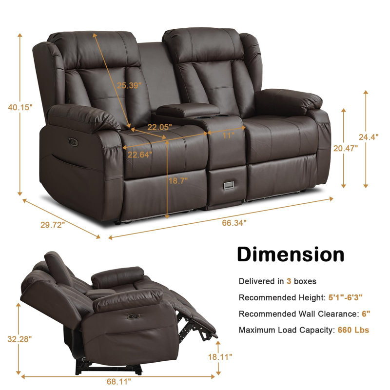 Power Reclining Loveseat Sofa, Loveseat Recliner Couch with Console, RV Recliners for Travel Trailers, Home Theater Seating with Cup Holders/LED/Drawer/USB/USB C for Living Room