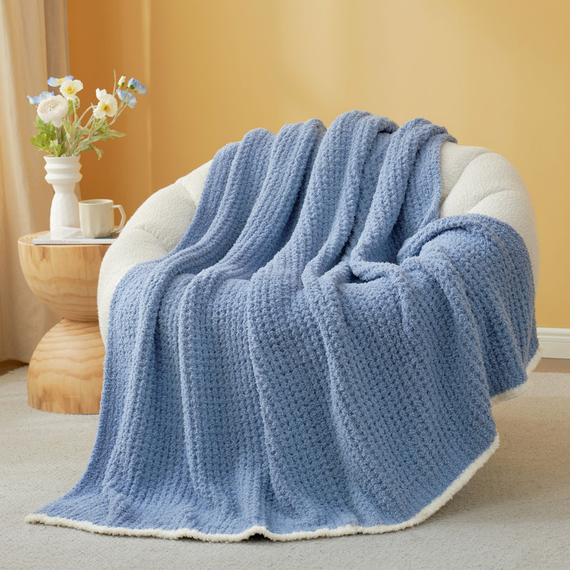 Jeté réversible en tricot gaufré pour lit de bébé, L 60 po x l 50 po, Bleu