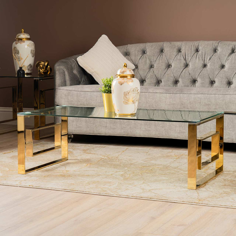 Acworth Rectangular Coffee Table for Living Room Furniture, 120cm Centre Table, Clear Top/Gold Base