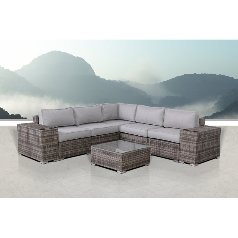 Ensemble de conversation en osier pour 4 personnes avec coussins Moyeda, Mélange de gris